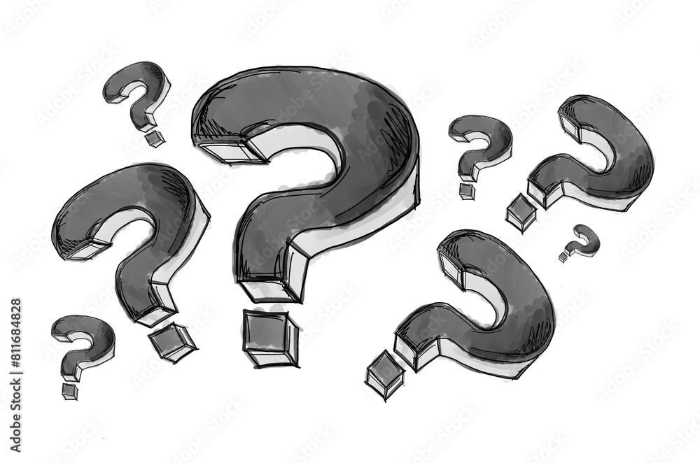 Aufkleber multiple question marks in sketch style, presented on a white background, conveying a concept of inq