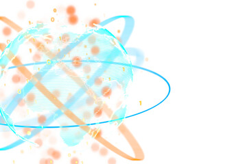 Abstract light blue and orange particle design elements on a white background, depicting the concept of digital networking or connectivity