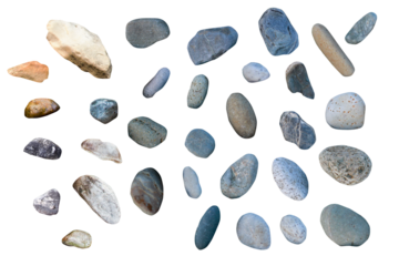 Assorted pebbles isolated on a white background, showcasing a variety of shapes and textures, ideal for natural design elements