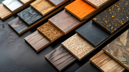Chipboard laminate furniture material samples on black background