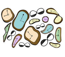 A whimsical illustration of various clock faces represented with a biological, cell-like appearance on a white background, concept of time in biology