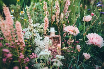 Engage with the shelf testing of sweet fragrance flowers in a studio setting, where the perfume bottle's spicy scent meets the macro elements of vintage essence