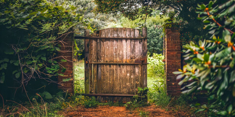 Naklejka premium Rustic Wooden Gate Amidst Lush Green Garden