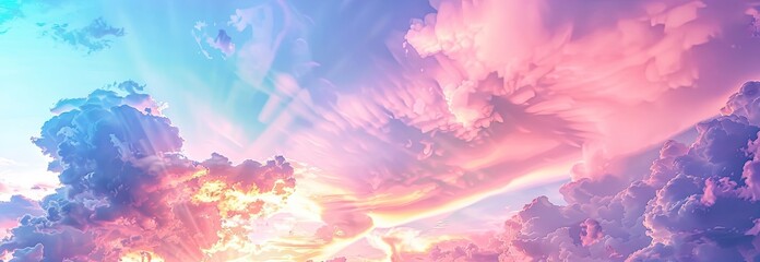 a painting of a sunset sky with clouds and the sun shining through them