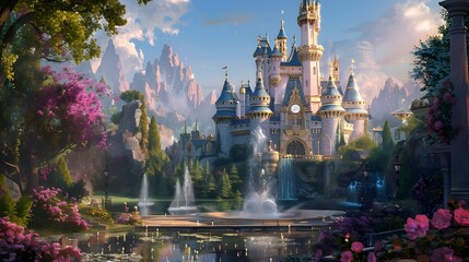 Obraz premium Enchanting Fairytale Castle in Lush Fantasy Landscape with Flowing Stream and Blooming Flowers