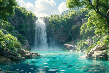 A hidden waterfall cascading into a turquoise lagoon surrounded by lush greenery.