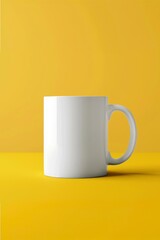 white mug mockup on a yellow background copy space