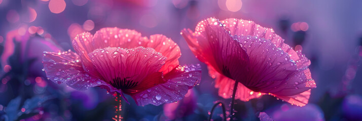 Two pink flowers with dew drops on them