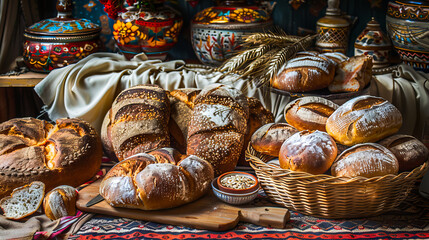 Breads and other baked goods on display.