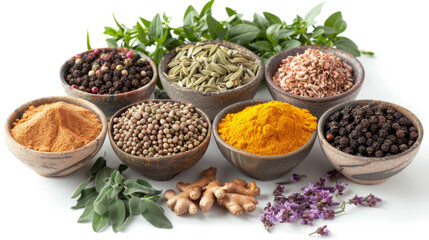 Bowls of fresh herbs and spices isolated on white background. Ingredients, spices, dish. Cooking.