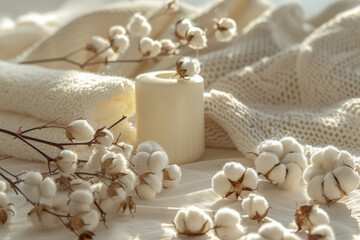 Cozy Home Decor with Cotton Branches and Candle