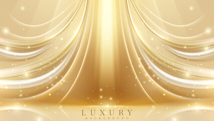 Elegant abstract background of golden swirls line with shimmering particles and bokeh decorations, Warm stage atmosphere idea for luxury branding.