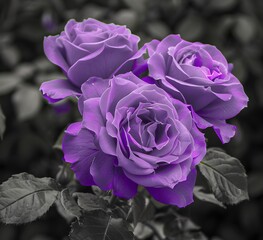 black and white photograph of purple roses