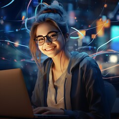 Young smiling woman in glasses is sitting at her laptop. Generative AI.