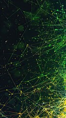 Fototapeta premium A vertical backdrop featuring neon green and yellow lines that create a vibrant network over a black canvas, with ample space for text in the lower half, perfect for detailed content