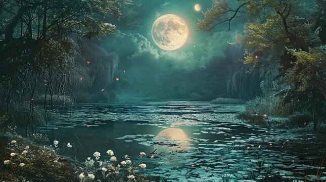 Mystical lake under the full moon in an enchanted forest setting
Seamless looping 4k time-lapse virtual video animation background. Generated AI