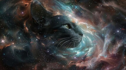 An artistic representation featuring a cats face superimposed over a swirling galaxy, emphasizing the animals mysterious and enigmatic nature with a cosmic background