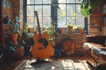An intimate acoustic guitar session in a cozy, sunlit room, soft shadows enhancing the natural wood texture, ideal for soothing music themes