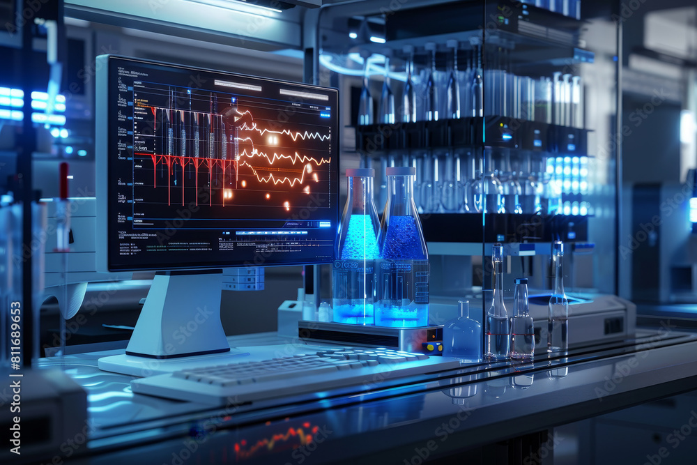 Poster a computer monitor displays a graph of data on a lab bench