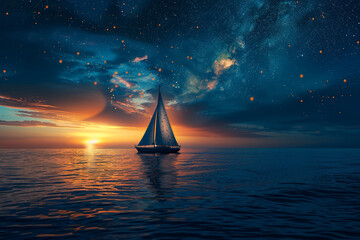 A lone sailboat cruising on a calm ocean under a star-filled night sky. - Powered by Adobe