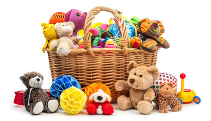 Many different children's toys and wicker basket isolated on white
