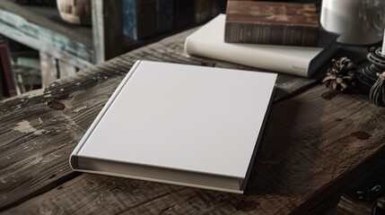 Blank book mockup on rustic wooden background, copy space.
