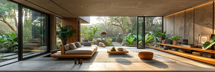 Luxurious Modern Living Room with Panoramic Garden View