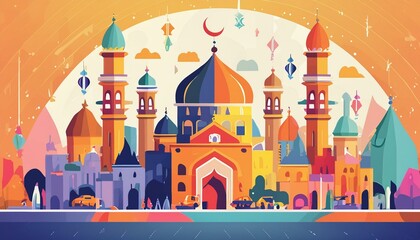 Fototapeta premium a vibrant background banner featuring traditional motifs and colors, evoking the joyous spirit of Eid