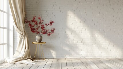 Empty room with white brick wall and wooden floor There is a beige curtain on the left side. small gold table There is a vase with red flowers. Empty room design Mock up to show the product,AI