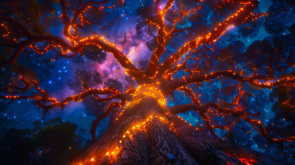 A tree with lights in the night sky.