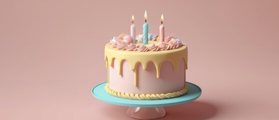 3D rendering of a birthday cake placed on a flat background