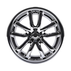 Sleek and polished car wheel with glossy finish, isolated on white background
