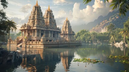 Lake with South indian Hindu Temple