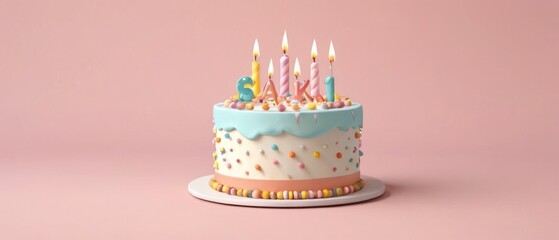 3D rendering of a birthday cake placed on a flat background