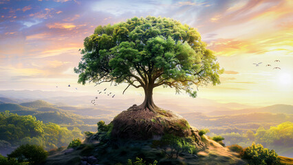 A majestic tree stands atop a hill, bathed in the golden light of sunrise, with birds flying around in a serene, vibrant landscape.