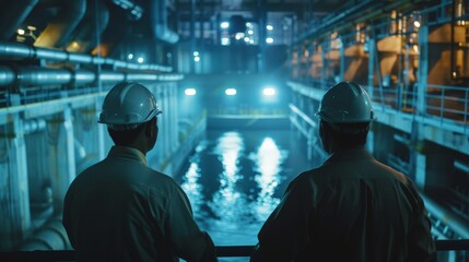 Two engineers looking at an oil refinery at night high voltage production plant Power plants, nuclear reactors, energy industries
