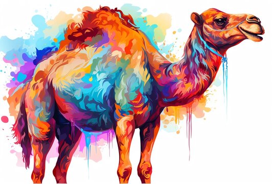 recommend clip art: A watercolor painting of a camel standing in the desert with a colorful background