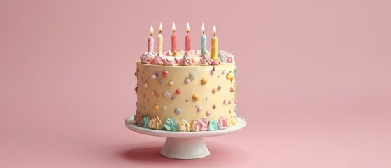 3D rendering of a birthday cake placed on a flat background