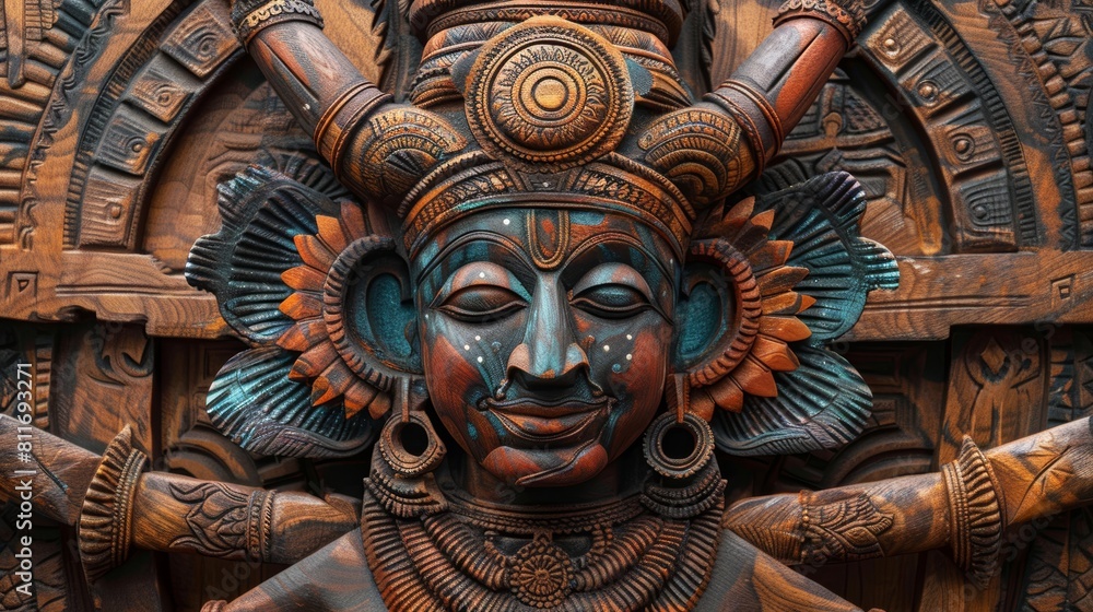 Wall mural wooden wall art sculpture of psychedelic indian art based on ancient indian hindu architecture, hind