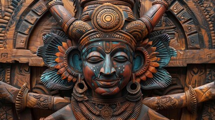 Fototapeta premium wooden wall art sculpture of psychedelic indian art based on ancient indian hindu architecture, Hindu god