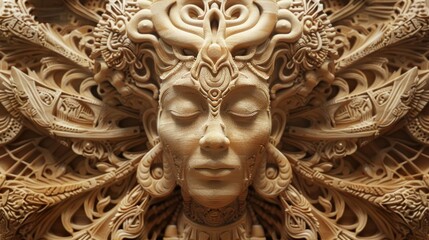 wooden wall art sculpture of psychedelic indian art based on ancient indian hindu architecture, Hindu god