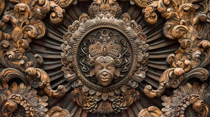 wooden wall art sculpture of psychedelic indian art based on ancient indian hindu architecture, Hindu god