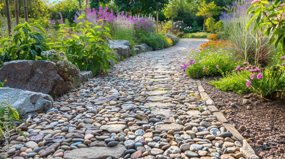 Canvas Prints Garden Pathway with Stone and Gravel Paving Area Empty Space