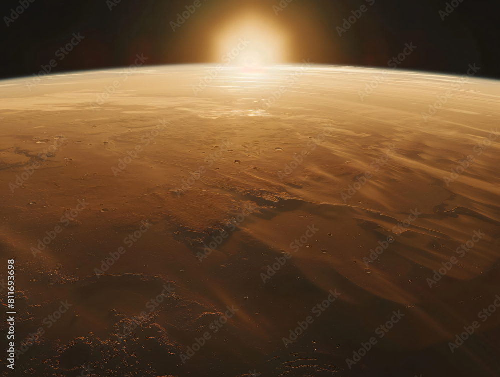 Poster orange-hued martian terrain in minimalistic style background - depicting the mysteries of outer spac