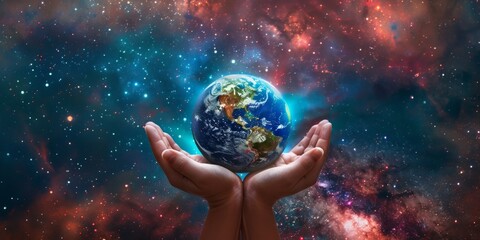 Human hands cradling an earth globe with cosmic background. Banner with copy space