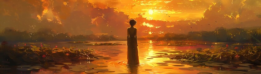 In the midst of the lotus pond, a woman stands in awe of the breathtaking sunset, its golden reflections painting the waters with hues of tranquility