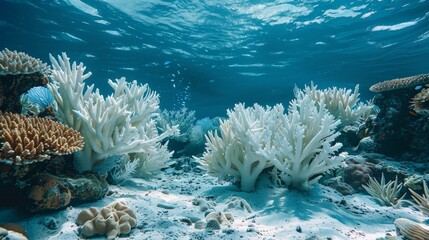 A beautiful underwater scene with white coral and a blue ocean