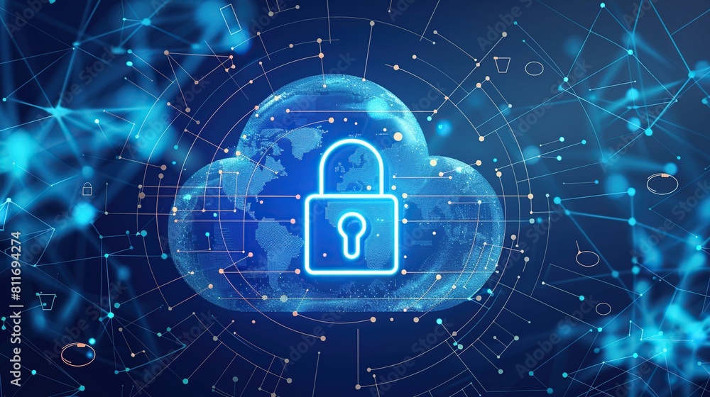 Poster cloud with lock icon surrounded in the style of digital technology protection concept background.