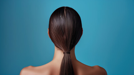 A woman with straightened hair tied in a ponytail.