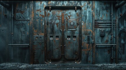 Futuristic sci-fi metal door in an aged industrial setting